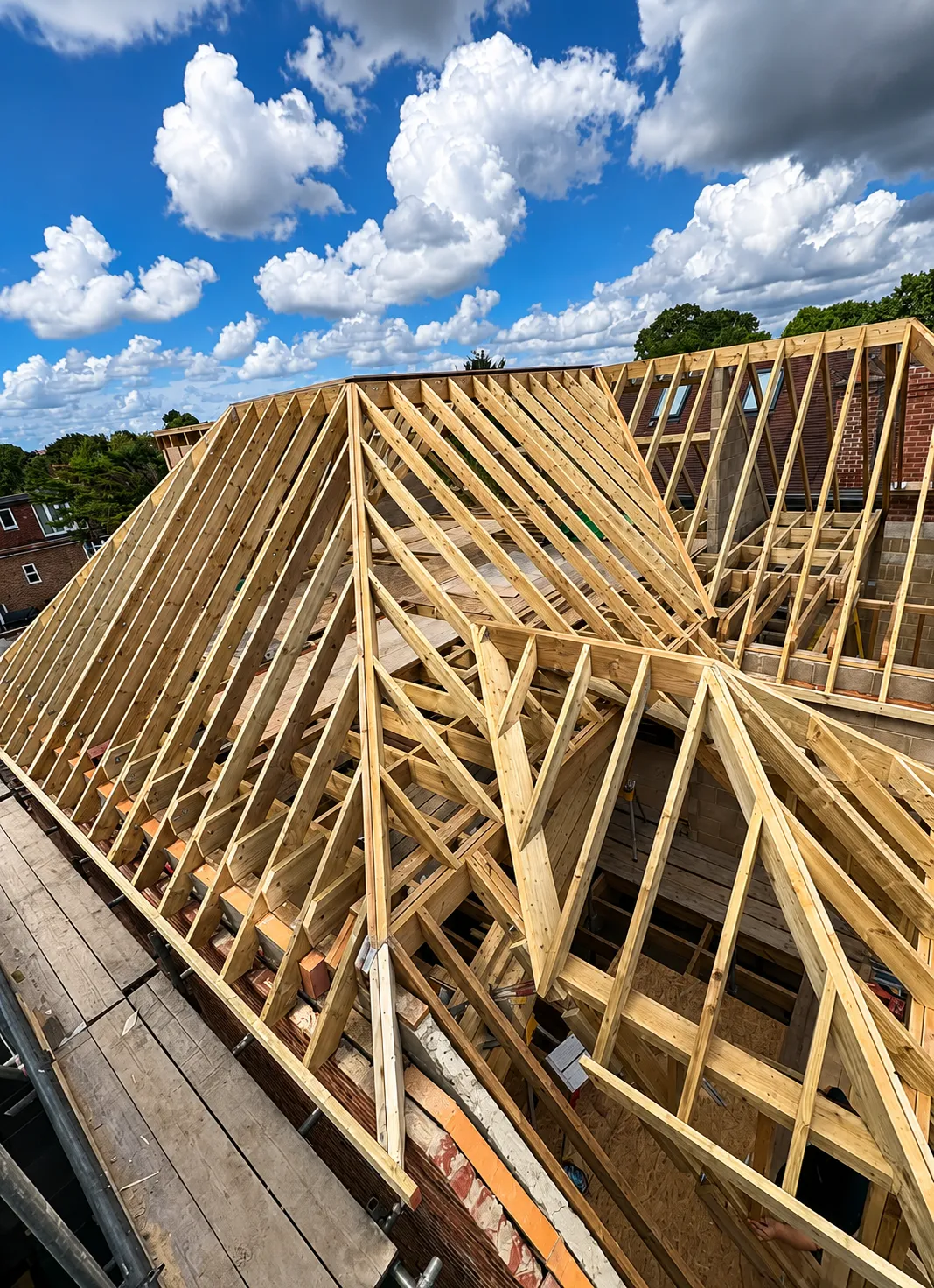 Timber roof frame under construction
